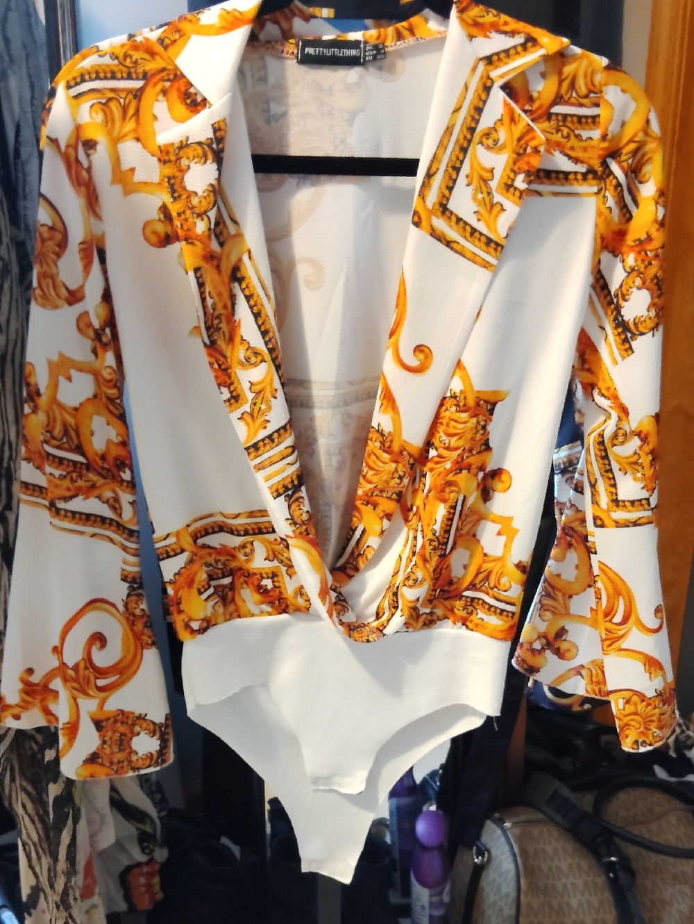 PrettyLittleThing White and Gold Baroque Plunge Bodysuit